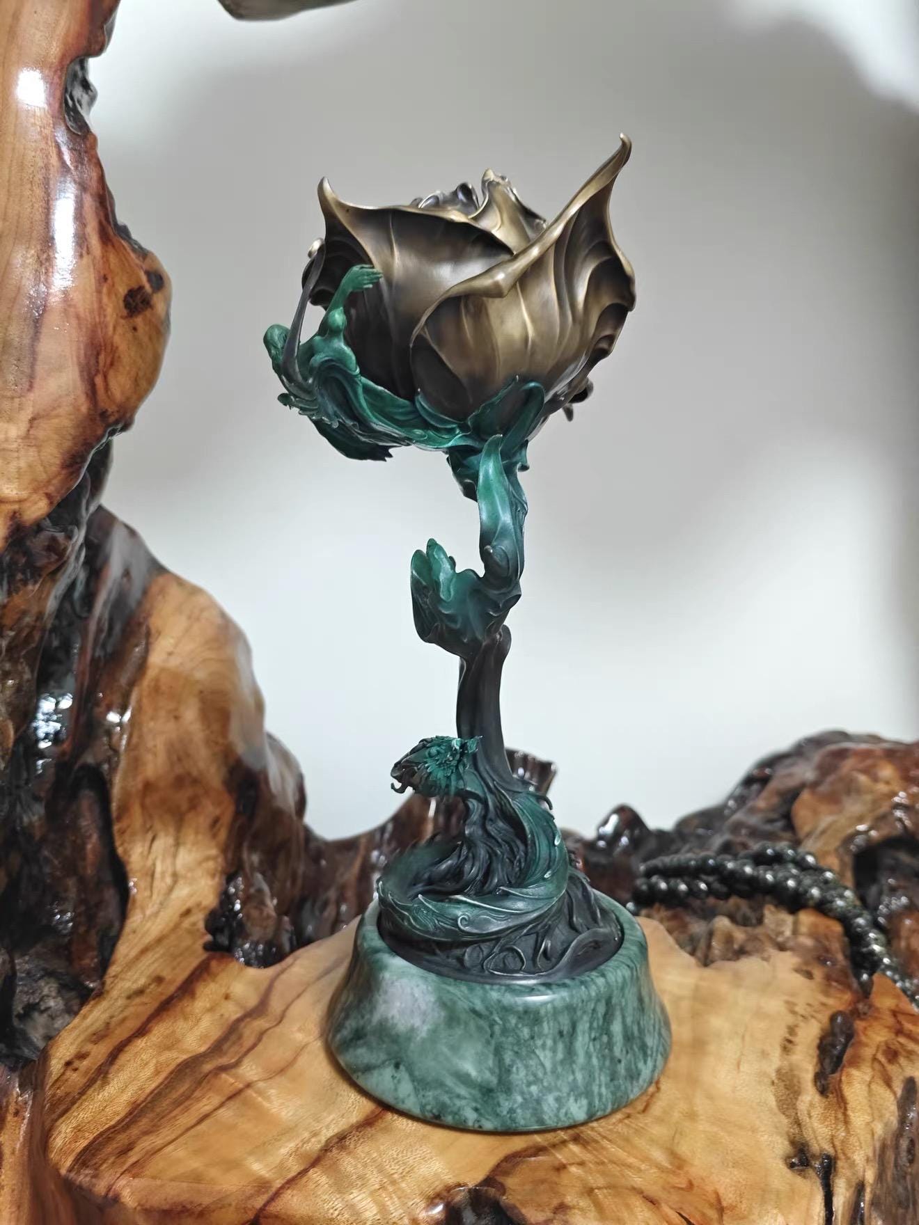 Antique Bronze & 925 Sterling Silver Rose Incense Burner, Luxury Rose Sculpture Home Decor, Aesthetic Incense Cone Holder, Gift for Her
