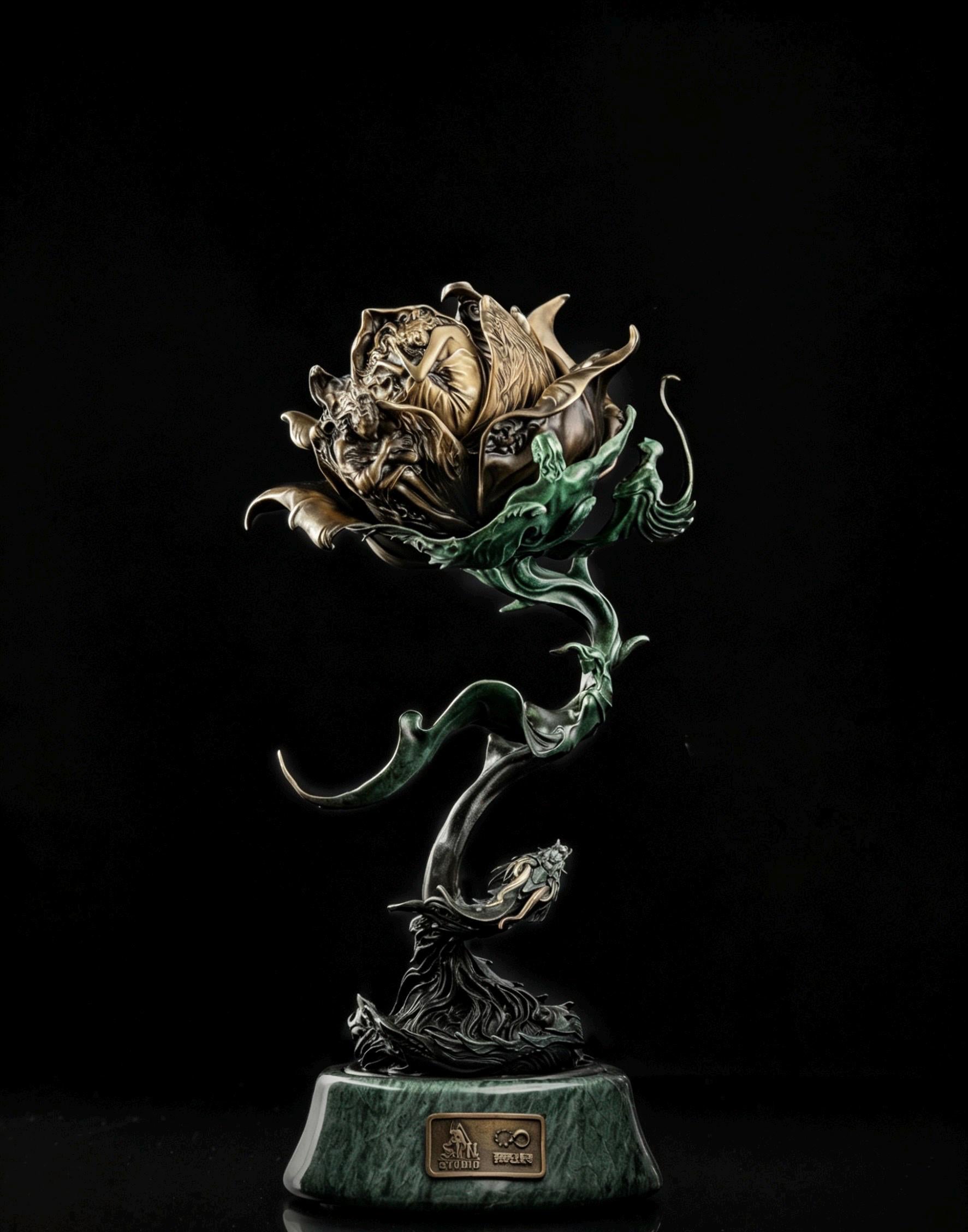 Antique Bronze & 925 Sterling Silver Rose Incense Burner, Luxury Rose Sculpture Home Decor, Aesthetic Incense Cone Holder, Gift for Her