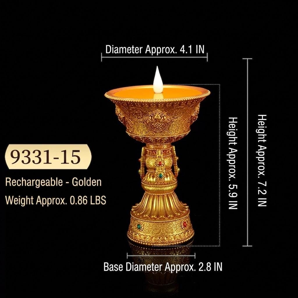 Auspicious Eight Symbols Buddhist Lamp, Golden LED Butter Candle Holder for Home Altar, Rechargeable Corded Electric Ghee Light Supply