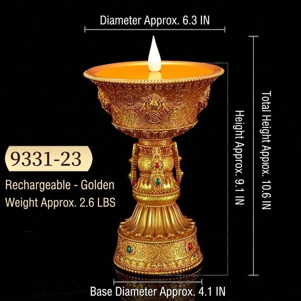 Auspicious Eight Symbols Buddhist Lamp, Golden LED Butter Candle Holder for Home Altar, Rechargeable Corded Electric Ghee Light Supply