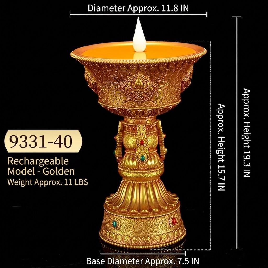 Auspicious Eight Symbols Buddhist Lamp, Golden LED Butter Candle Holder for Home Altar, Rechargeable Corded Electric Ghee Light Supply