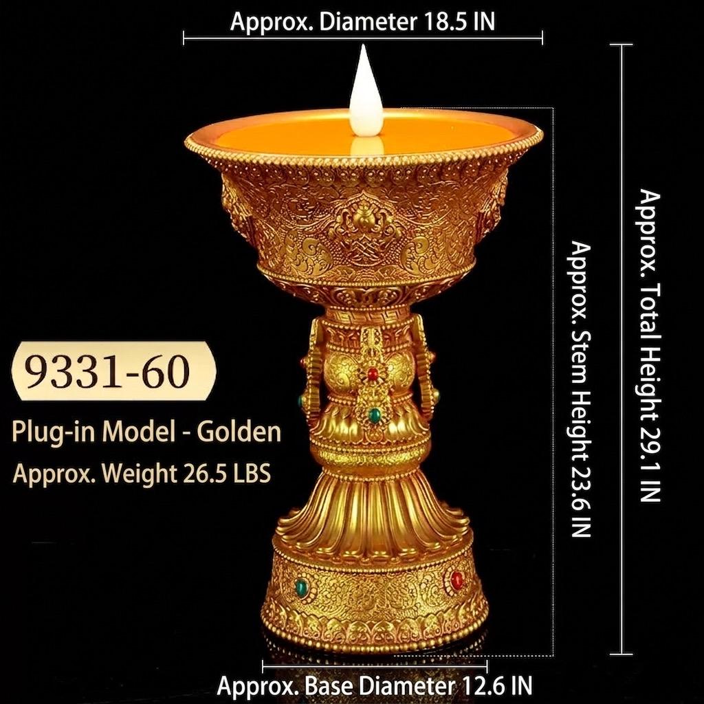 Auspicious Eight Symbols Buddhist Lamp, Golden LED Butter Candle Holder for Home Altar, Rechargeable Corded Electric Ghee Light Supply