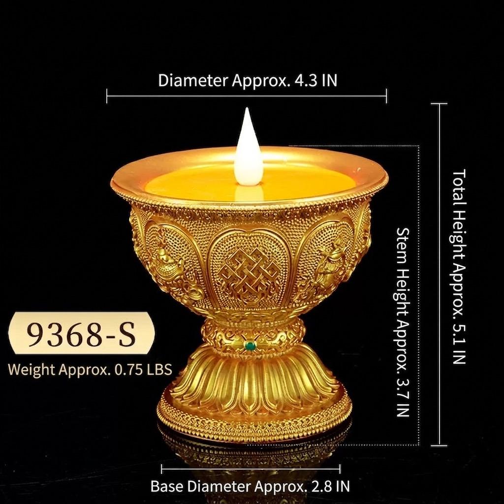 Auspicious Eight Symbols Buddhist Lamp, Golden LED Butter Candle Holder for Home Altar, Rechargeable Corded Electric Ghee Light Supply