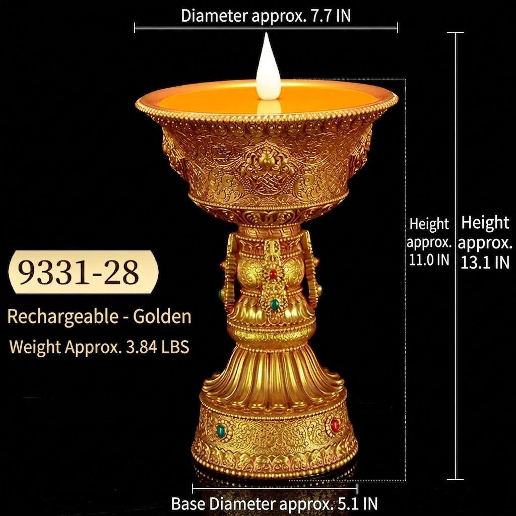 Auspicious Eight Symbols Buddhist Lamp, Golden LED Butter Candle Holder for Home Altar, Rechargeable Corded Electric Ghee Light Supply