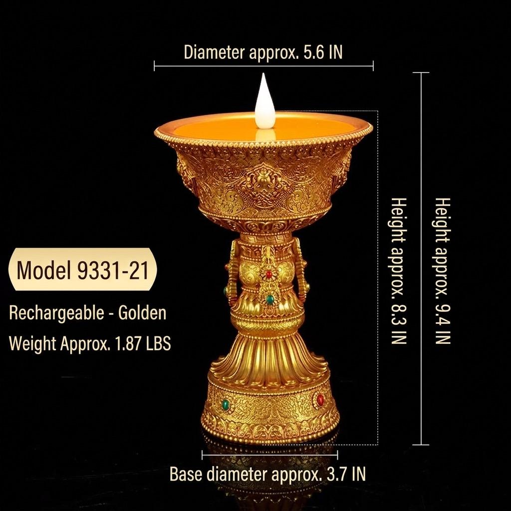Auspicious Eight Symbols Buddhist Lamp, Golden LED Butter Candle Holder for Home Altar, Rechargeable Corded Electric Ghee Light Supply