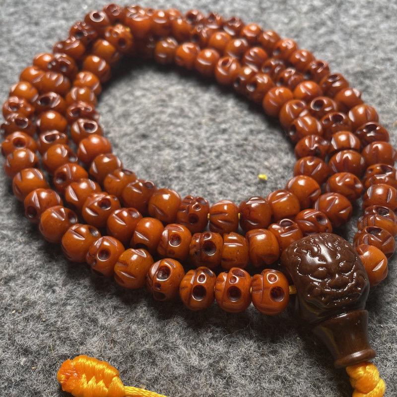 Tibetan Yak Bone Skull Mala Beads, 108 Carved Skull Buddhist Rosary, Ox Bone Prayer Wrap Bracelet, Gothic Distressed Bracelet