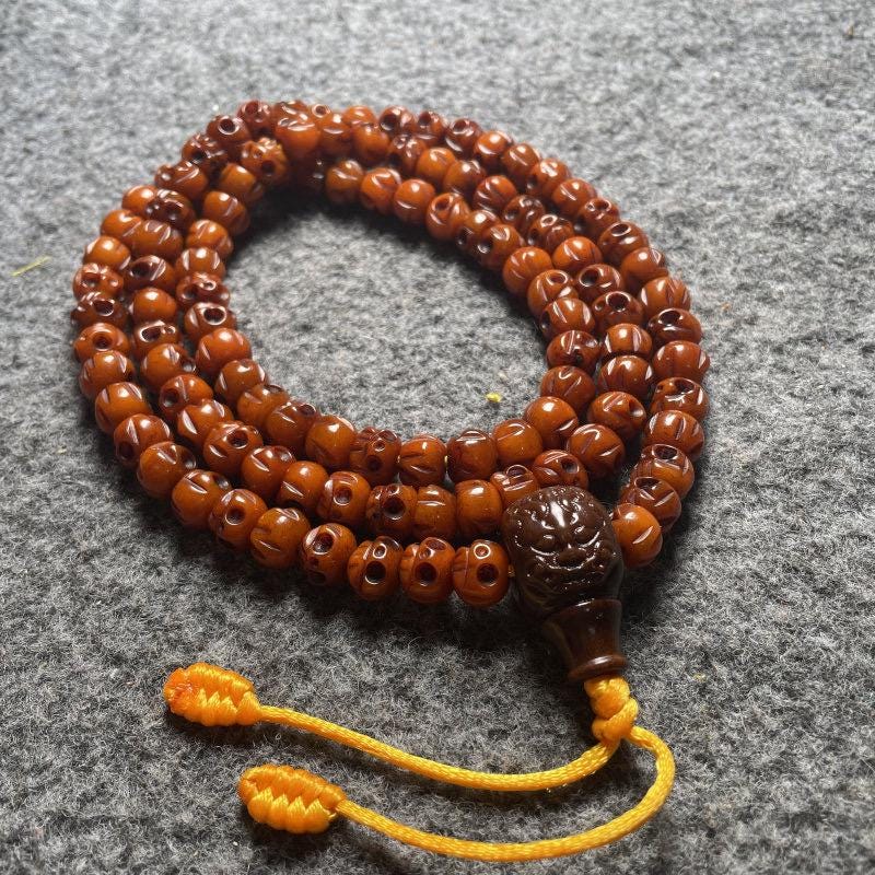 Tibetan Yak Bone Skull Mala Beads, 108 Carved Skull Buddhist Rosary, Ox Bone Prayer Wrap Bracelet, Gothic Distressed Bracelet