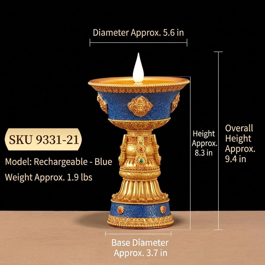 LED Electric Ghee Lamp Rechargeable Buddhist Butter Candle Holder Ashtamangala Puja Decorative Light Zen Lotus Alter Altar Shrine Supply