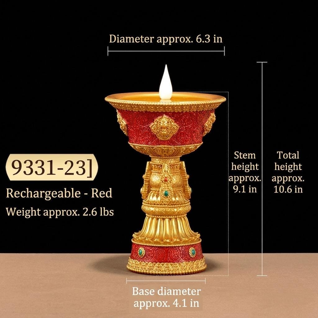 LED Electric Ghee Lamp Rechargeable Buddhist Butter Candle Holder Ashtamangala Puja Decorative Light Zen Lotus Alter Altar Shrine Supply