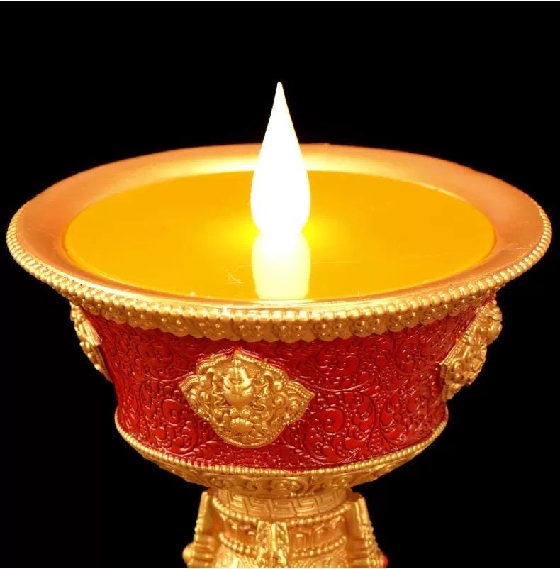 LED Electric Ghee Lamp Rechargeable Buddhist Butter Candle Holder Ashtamangala Puja Decorative Light Zen Lotus Alter Altar Shrine Supply
