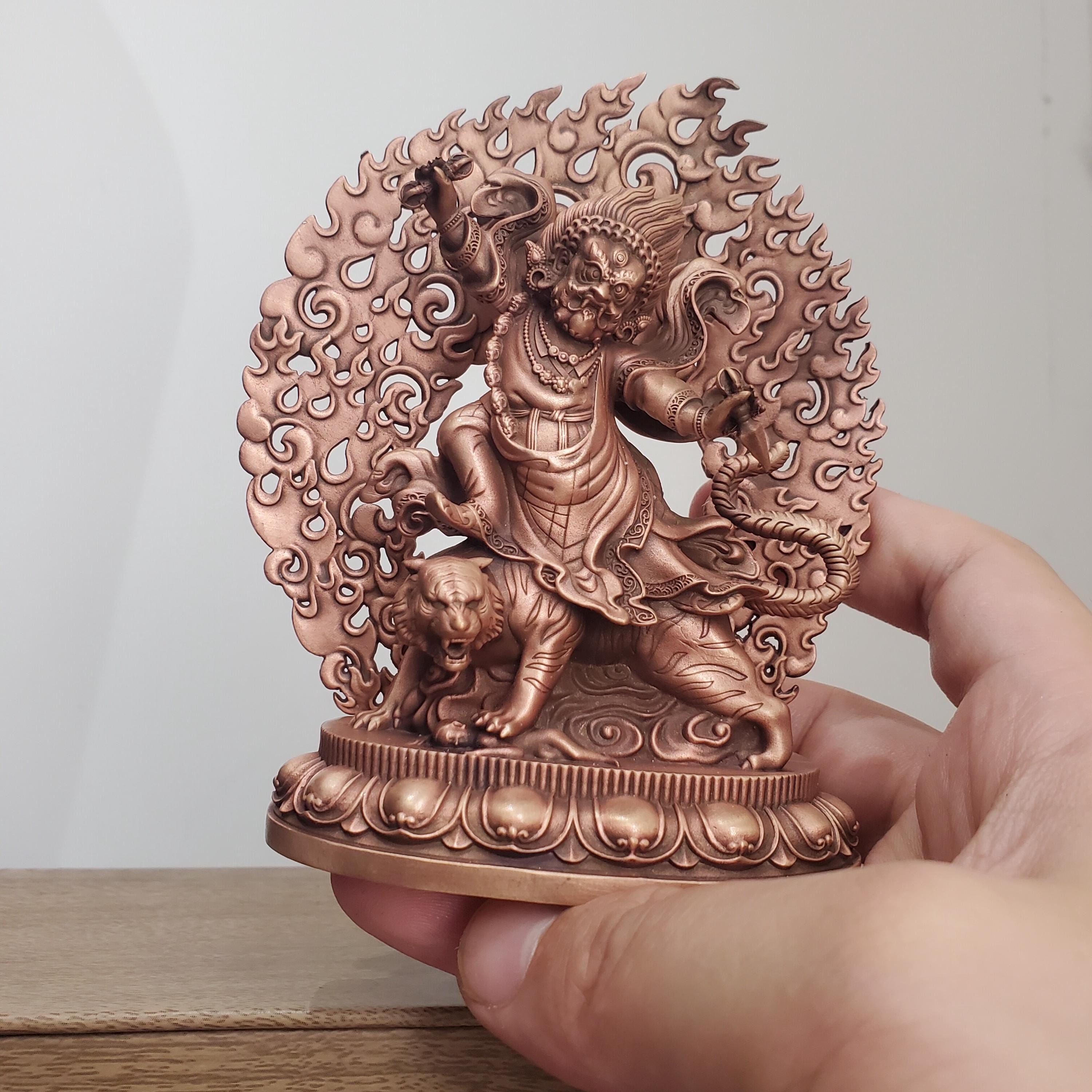 Tibetan Brass Wrathful Guru Rinpoche Statue, Padmasambhava Buddha Figure for Home Altar Shrine, Protective Car Mascot Ornament Gift