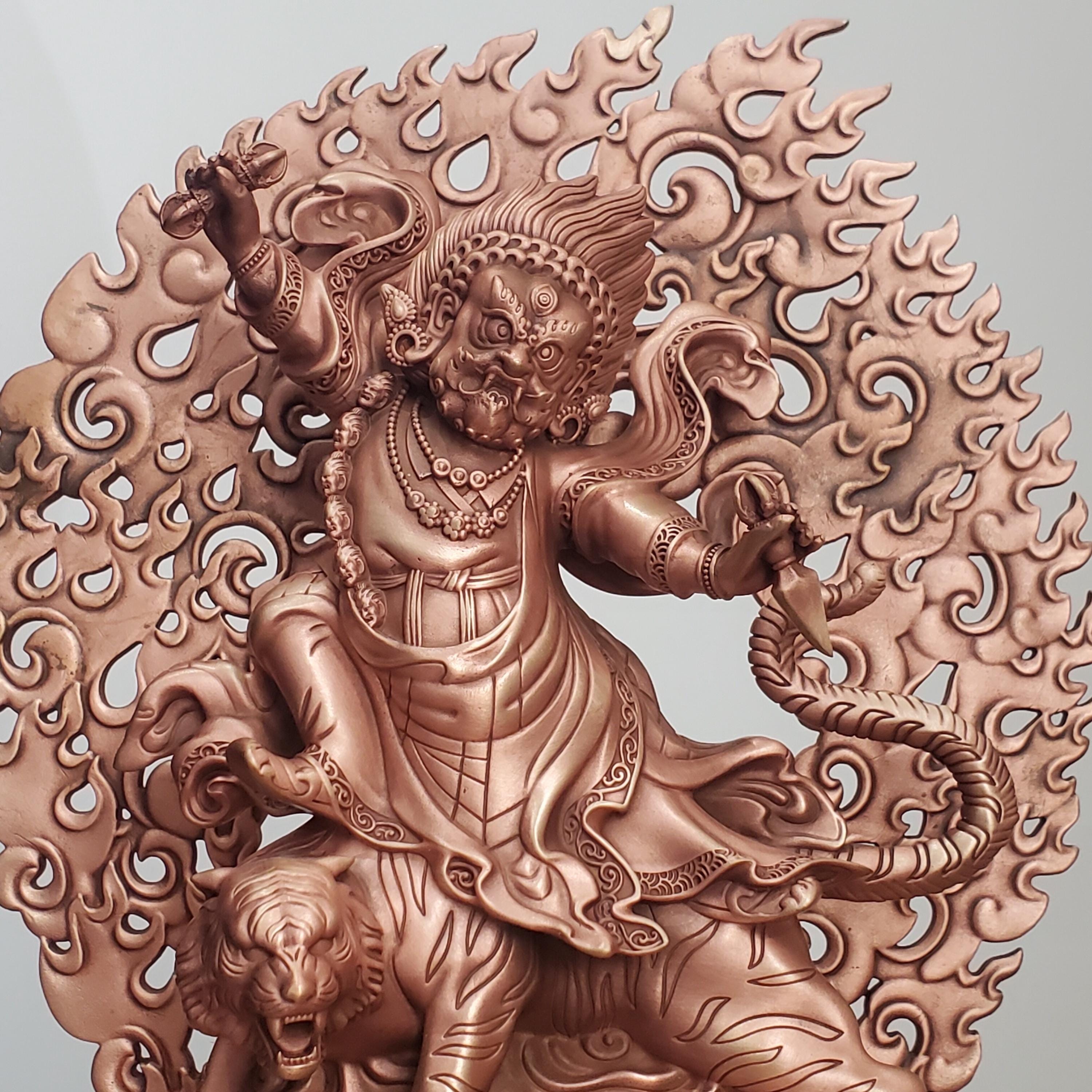 Tibetan Brass Wrathful Guru Rinpoche Statue, Padmasambhava Buddha Figure for Home Altar Shrine, Protective Car Mascot Ornament Gift