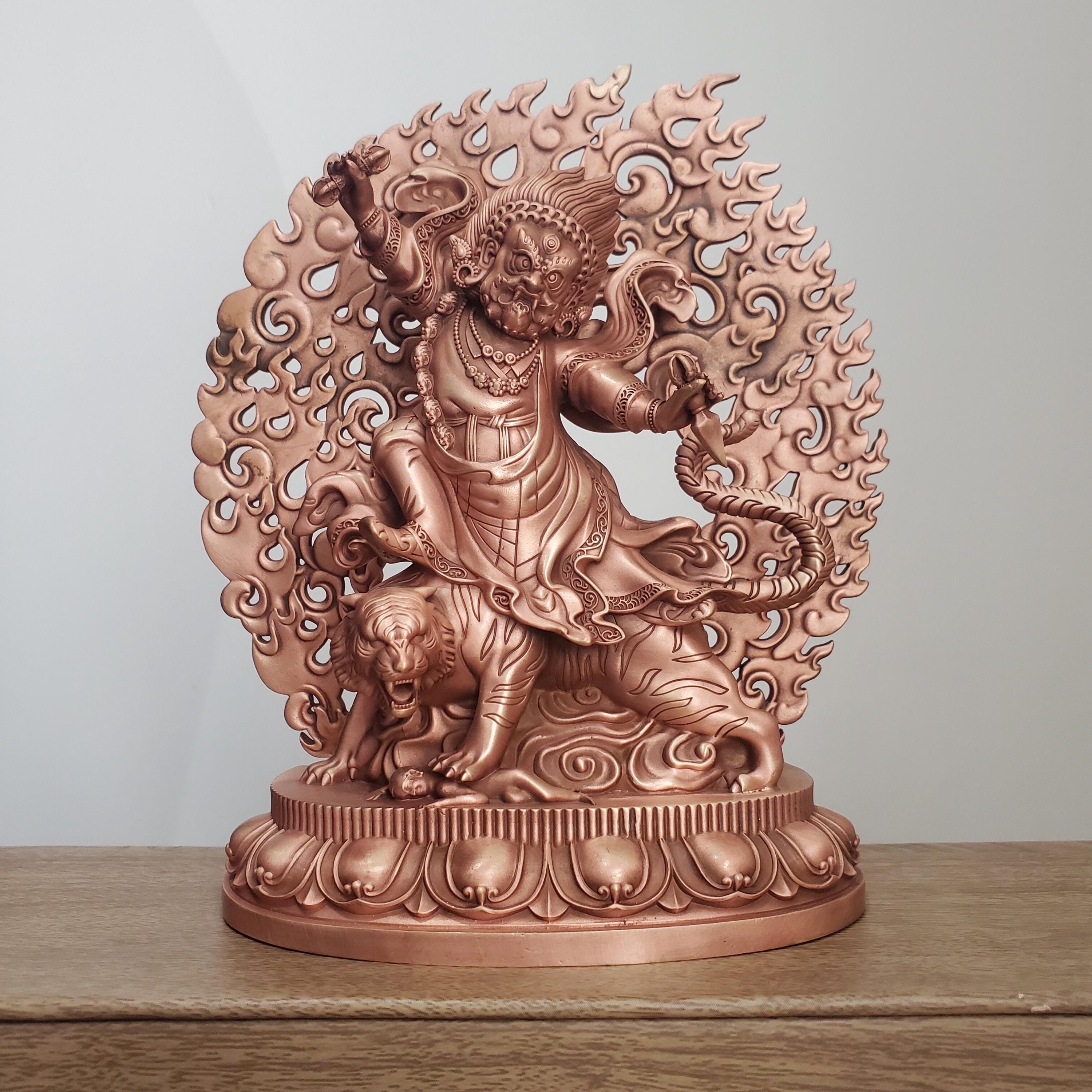 Tibetan Brass Wrathful Guru Rinpoche Statue, Padmasambhava Buddha Figure for Home Altar Shrine, Protective Car Mascot Ornament Gift