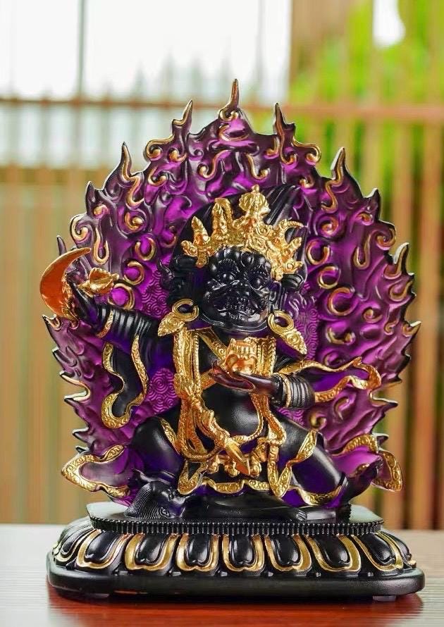 Ancient Glass Two-Armed Mahakala Dharma Protector, Traditional Liuli Art, Home Altar Sacred Décor