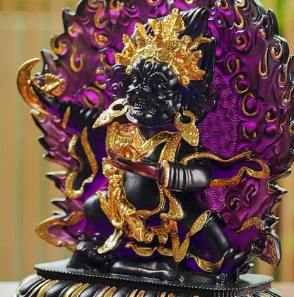 Ancient Glass Two-Armed Mahakala Dharma Protector, Traditional Liuli Art, Home Altar Sacred Décor