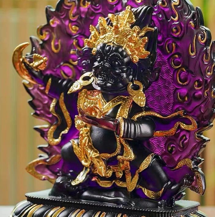 Ancient Glass Two-Armed Mahakala Dharma Protector, Traditional Liuli Art, Home Altar Sacred Décor