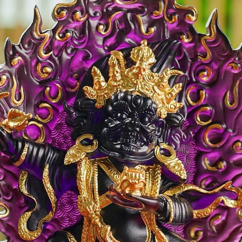 Ancient Glass Two-Armed Mahakala Dharma Protector, Traditional Liuli Art, Home Altar Sacred Décor