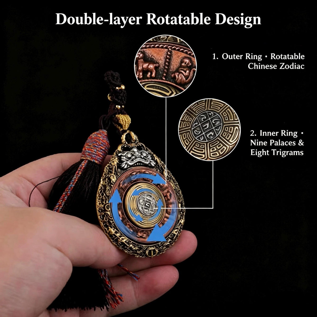 Tibetan Rotating Bagua Pendant, Nine Palace Eight Trigrams Amulet, Brass Copper Silver Protection Talisman, Feng Shui Lucky Charm Necklace