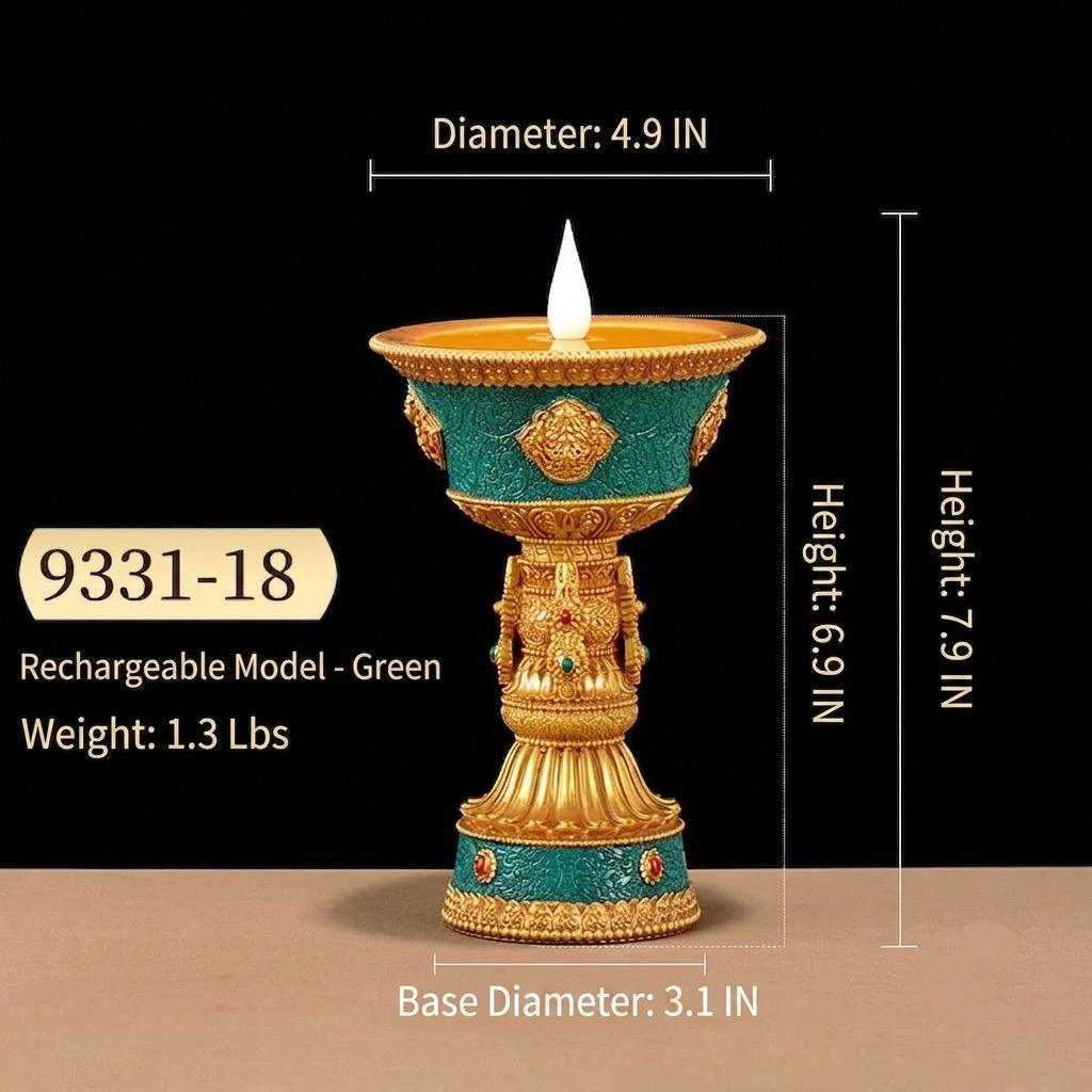 LED Electric Ghee Lamp Rechargeable Buddhist Butter Candle Holder Ashtamangala Puja Decorative Light Zen Lotus Alter Altar Shrine Supply