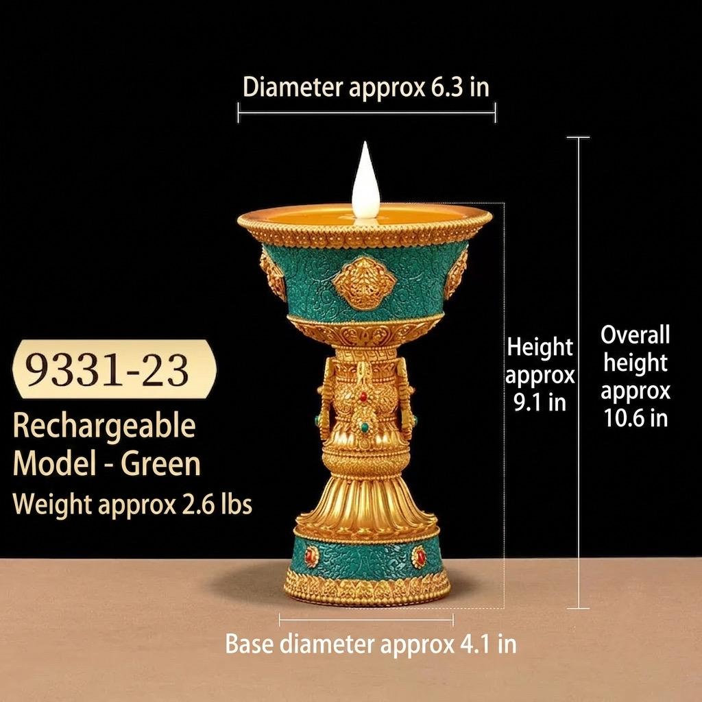 LED Electric Ghee Lamp Rechargeable Buddhist Butter Candle Holder Ashtamangala Puja Decorative Light Zen Lotus Alter Altar Shrine Supply