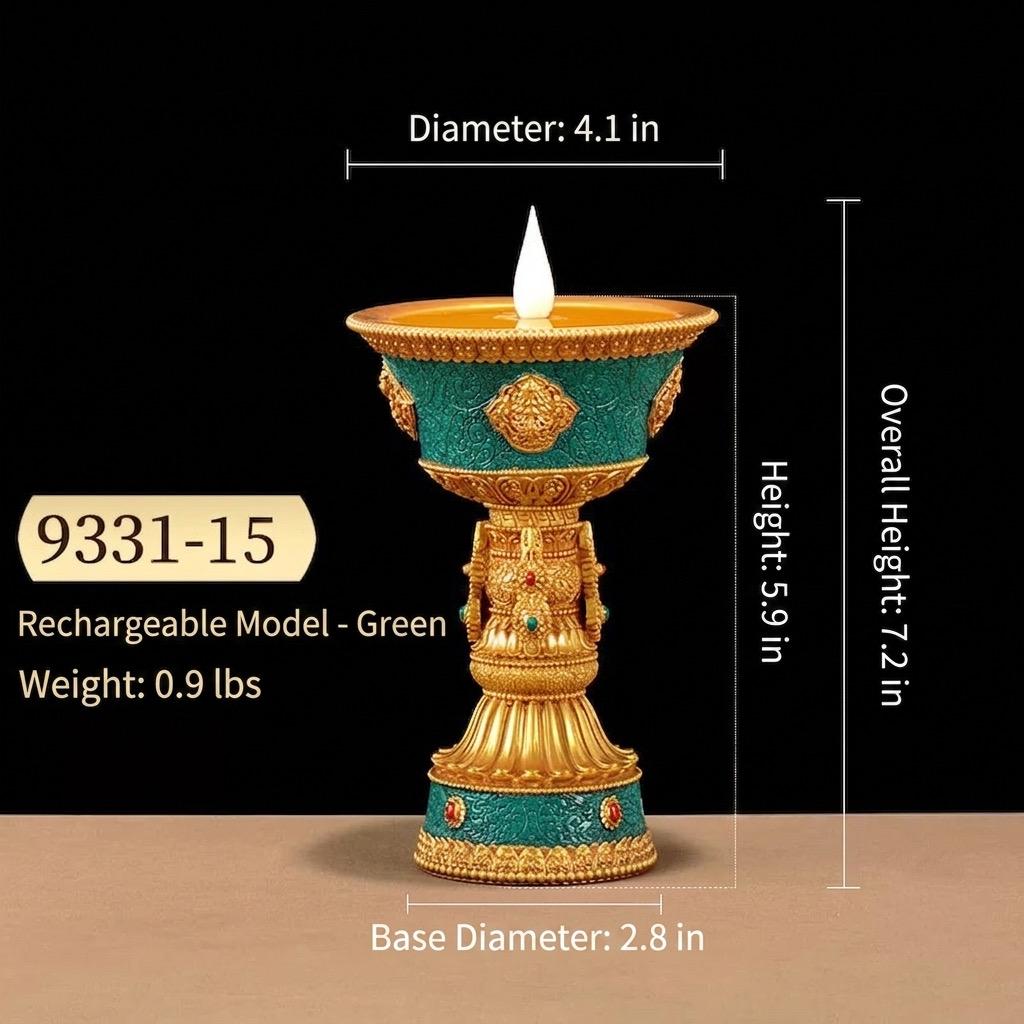 LED Electric Ghee Lamp Rechargeable Buddhist Butter Candle Holder Ashtamangala Puja Decorative Light Zen Lotus Alter Altar Shrine Supply