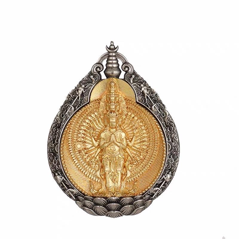 Thousand Armed Avalokiteshvara Pendant Necklace, Chenrezig Amulet, Om Mani Padme Hum Tibetan Buddhist Protection Jewelry