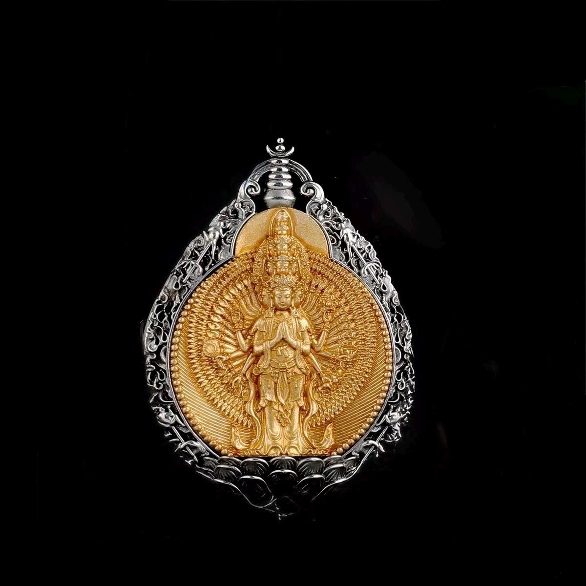 Thousand Armed Avalokiteshvara Pendant Necklace, Chenrezig Amulet, Om Mani Padme Hum Tibetan Buddhist Protection Jewelry