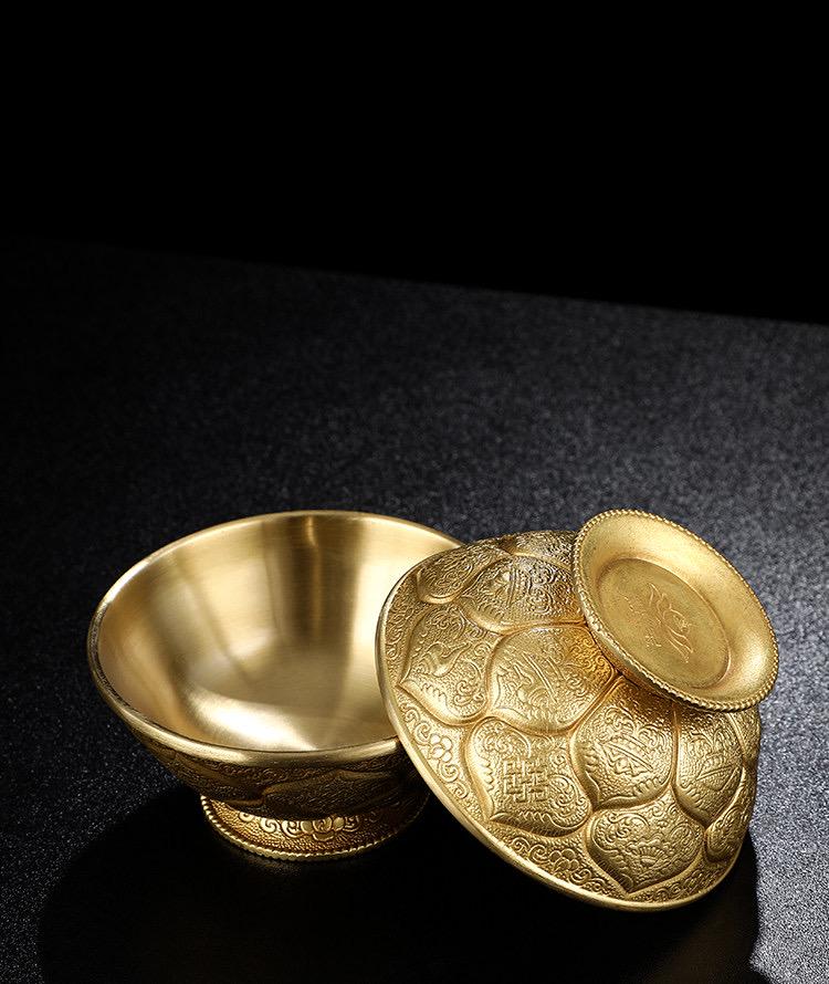 Tibetan Brass Water Offering Bowls 3.15" 3.94", Buddhist Lotus Ritual Cup, Eight Auspicious Symbols Holy Water Cup, Alter Meditation Gift