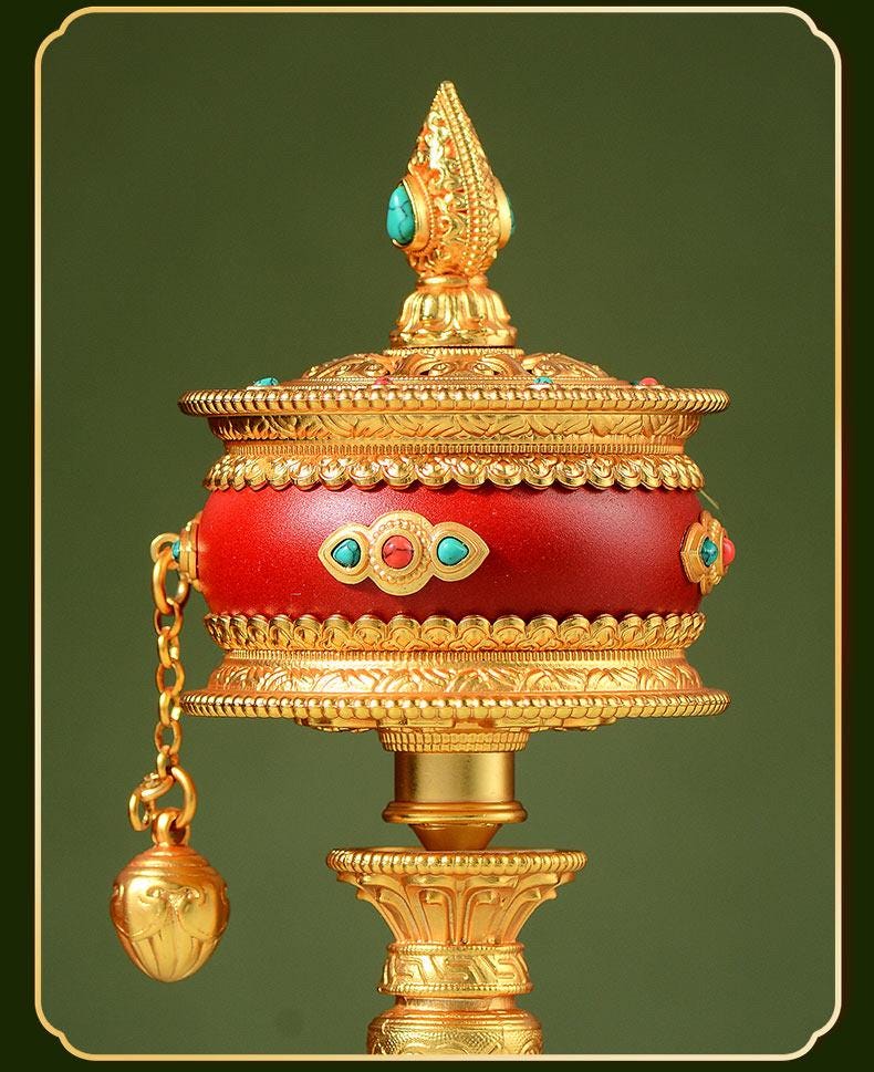 Tibetan Prayer Wheel Handheld Dzi Bead Mani Wheel Buddhist Meditation Red Leather Hand Cranked Prayer Roller Tabletop Altar Decor