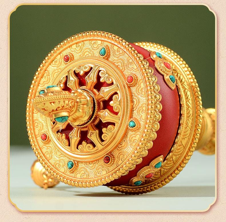 Tibetan Prayer Wheel Handheld Dzi Bead Mani Wheel Buddhist Meditation Red Leather Hand Cranked Prayer Roller Tabletop Altar Decor
