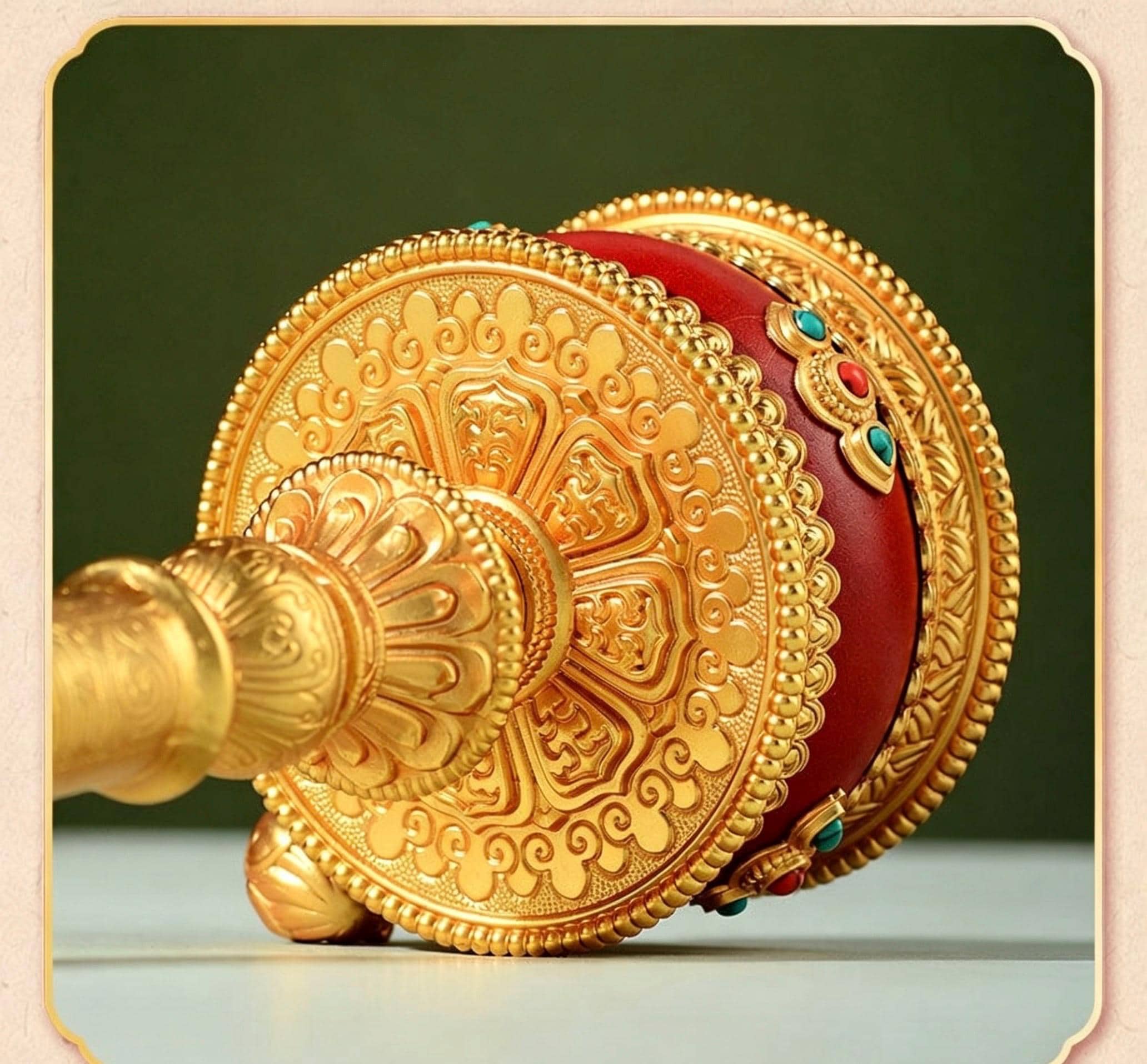 Tibetan Prayer Wheel Handheld Dzi Bead Mani Wheel Buddhist Meditation Red Leather Hand Cranked Prayer Roller Tabletop Altar Decor