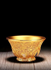 Tibetan 2.7" Alloy Embossed Plum Blossom Water Offering Bowl, Buddhist Altar Ritual Cup for Temple Shrine, Six-Syllable Mantra Silk Filigree