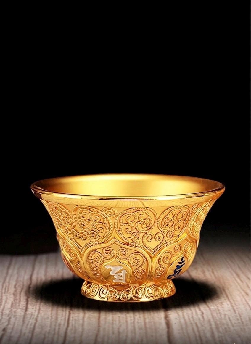 Tibetan 2.7" Alloy Embossed Plum Blossom Water Offering Bowl, Buddhist Altar Ritual Cup for Temple Shrine, Six-Syllable Mantra Silk Filigree
