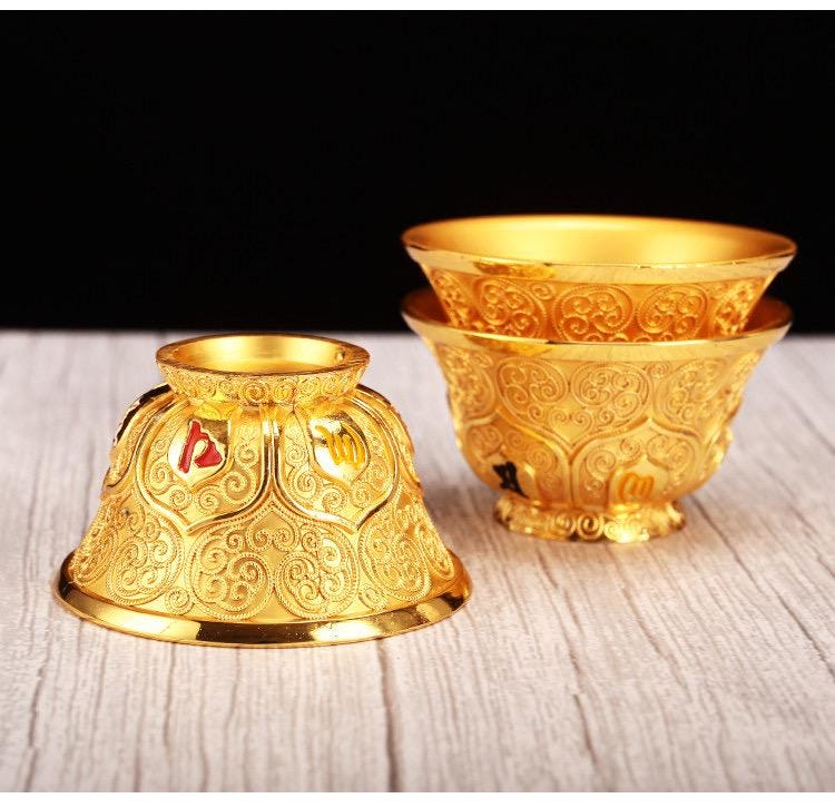 Tibetan 2.7" Alloy Embossed Plum Blossom Water Offering Bowl, Buddhist Altar Ritual Cup for Temple Shrine, Six-Syllable Mantra Silk Filigree