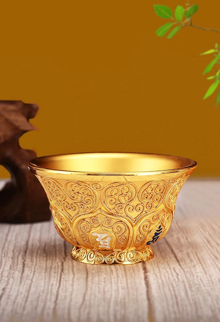 Tibetan 2.7" Alloy Embossed Plum Blossom Water Offering Bowl, Buddhist Altar Ritual Cup for Temple Shrine, Six-Syllable Mantra Silk Filigree