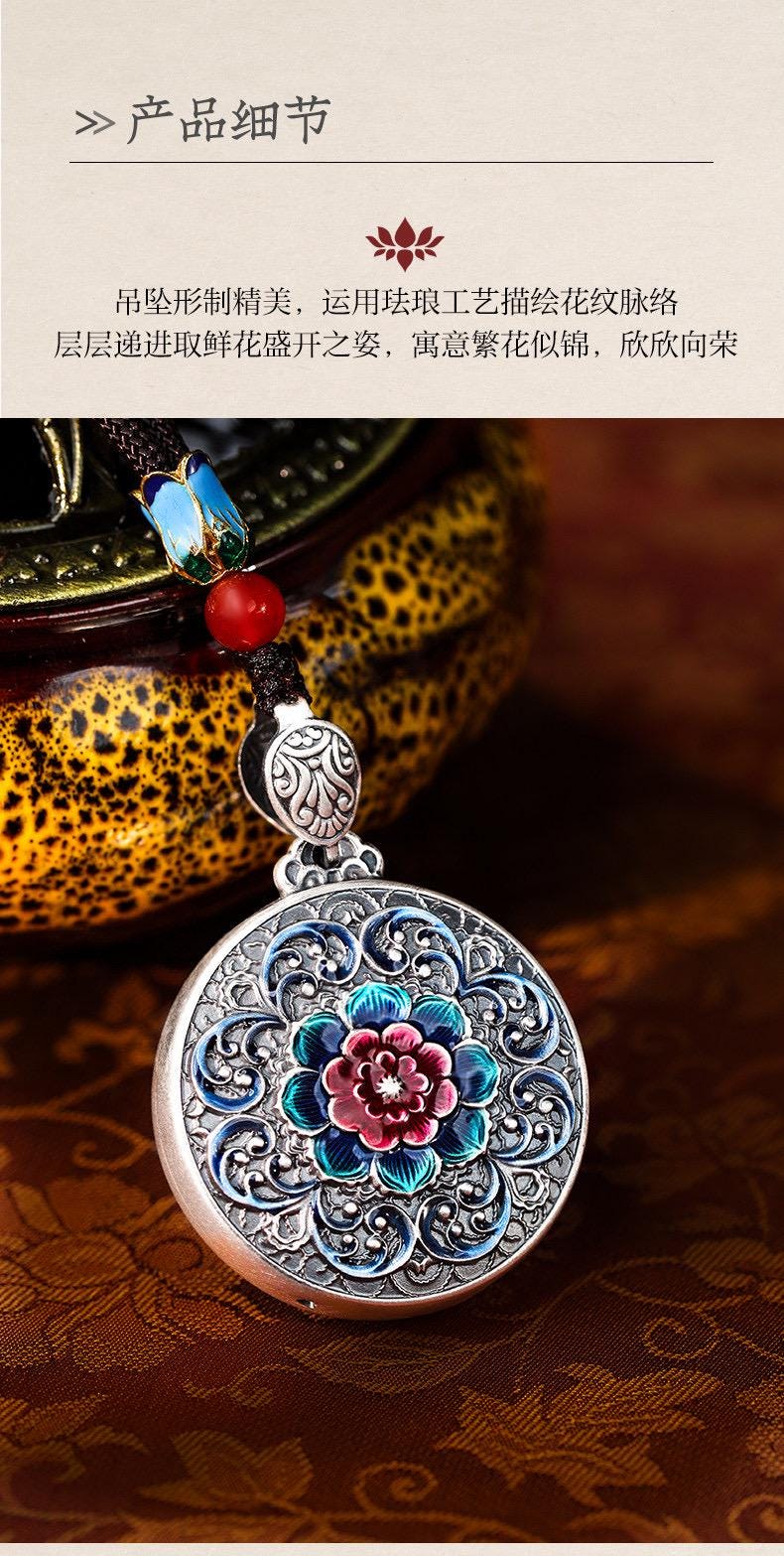 999 Fine Silver Retro Enamel Flower Pendant, Pure Silver Disc Necklace Ornament, National Style Round Plate Sweater Chain Jewelry Gift
