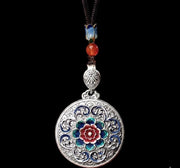 999 Fine Silver Retro Enamel Flower Pendant, Pure Silver Disc Necklace Ornament, National Style Round Plate Sweater Chain Jewelry Gift