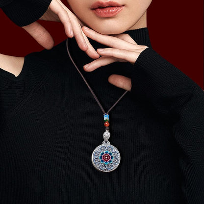 999 Fine Silver Retro Enamel Flower Pendant, Pure Silver Disc Necklace Ornament, National Style Round Plate Sweater Chain Jewelry Gift