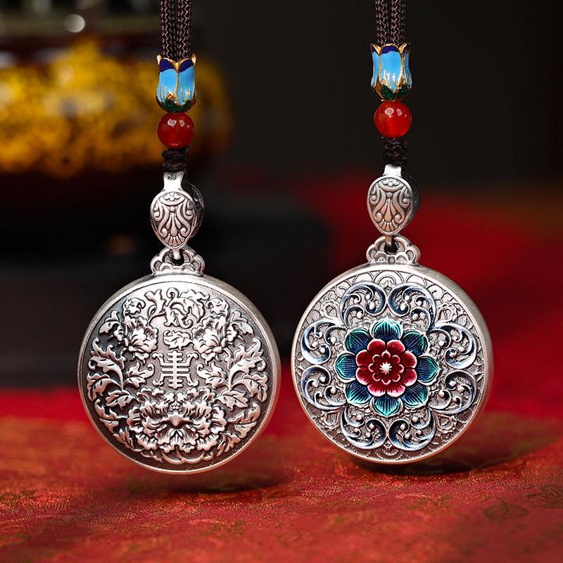 999 Fine Silver Retro Enamel Flower Pendant, Pure Silver Disc Necklace Ornament, National Style Round Plate Sweater Chain Jewelry Gift