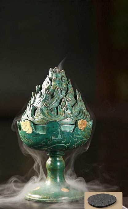 Boshan Incense Burner, Replica Gold Inlay Censer, Vintage Incense Burner for Coil Cone Stick, Retro Desk Decor,Spiritual Zen Meditation Gift