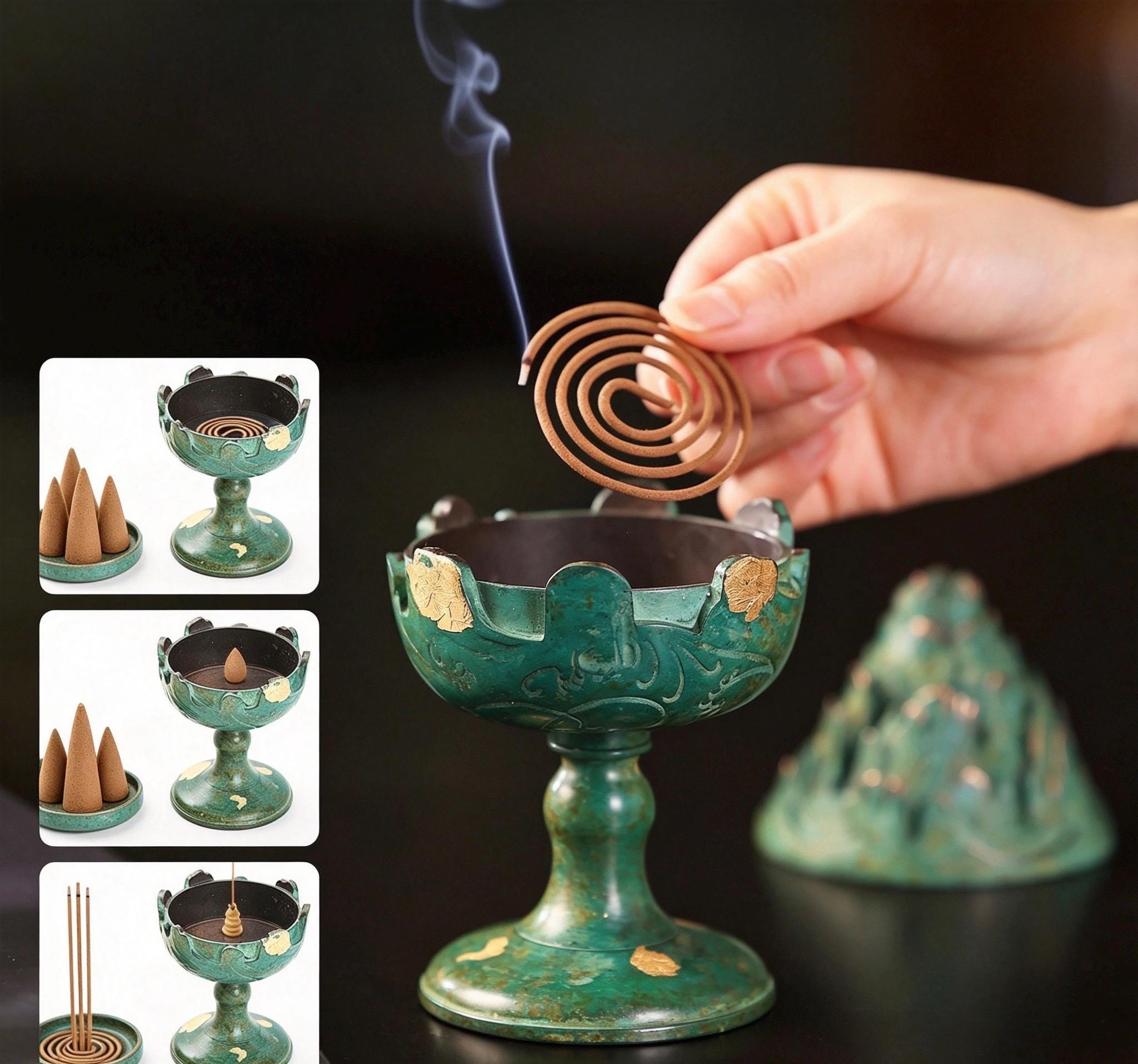 Boshan Incense Burner, Replica Gold Inlay Censer, Vintage Incense Burner for Coil Cone Stick, Retro Desk Decor,Spiritual Zen Meditation Gift