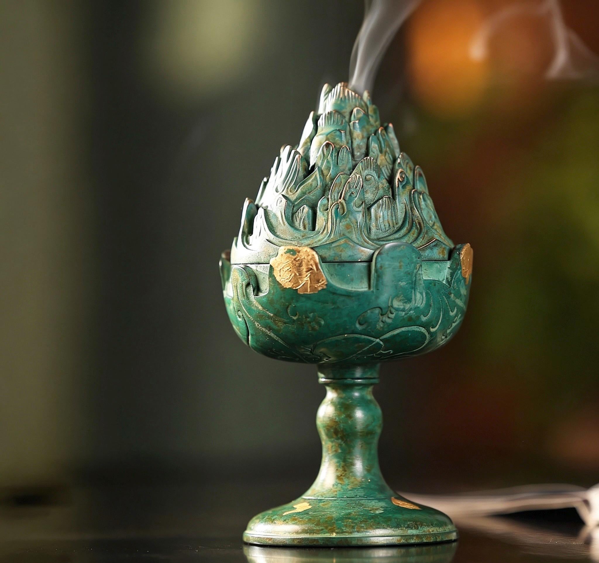 Boshan Incense Burner, Replica Gold Inlay Censer, Vintage Incense Burner for Coil Cone Stick, Retro Desk Decor,Spiritual Zen Meditation Gift