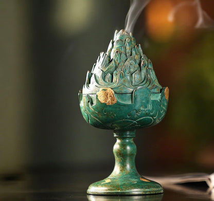 Boshan Incense Burner, Replica Gold Inlay Censer, Vintage Incense Burner for Coil Cone Stick, Retro Desk Decor,Spiritual Zen Meditation Gift