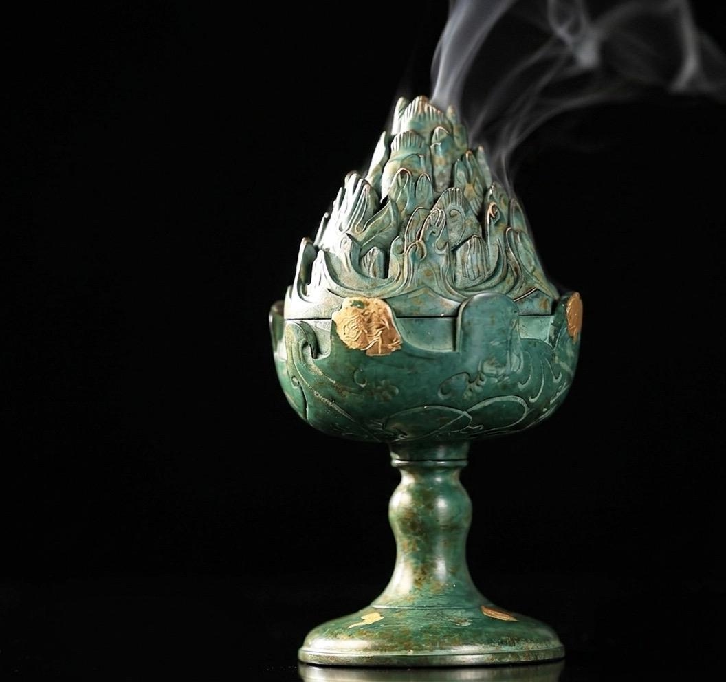 Boshan Incense Burner, Replica Gold Inlay Censer, Vintage Incense Burner for Coil Cone Stick, Retro Desk Decor,Spiritual Zen Meditation Gift
