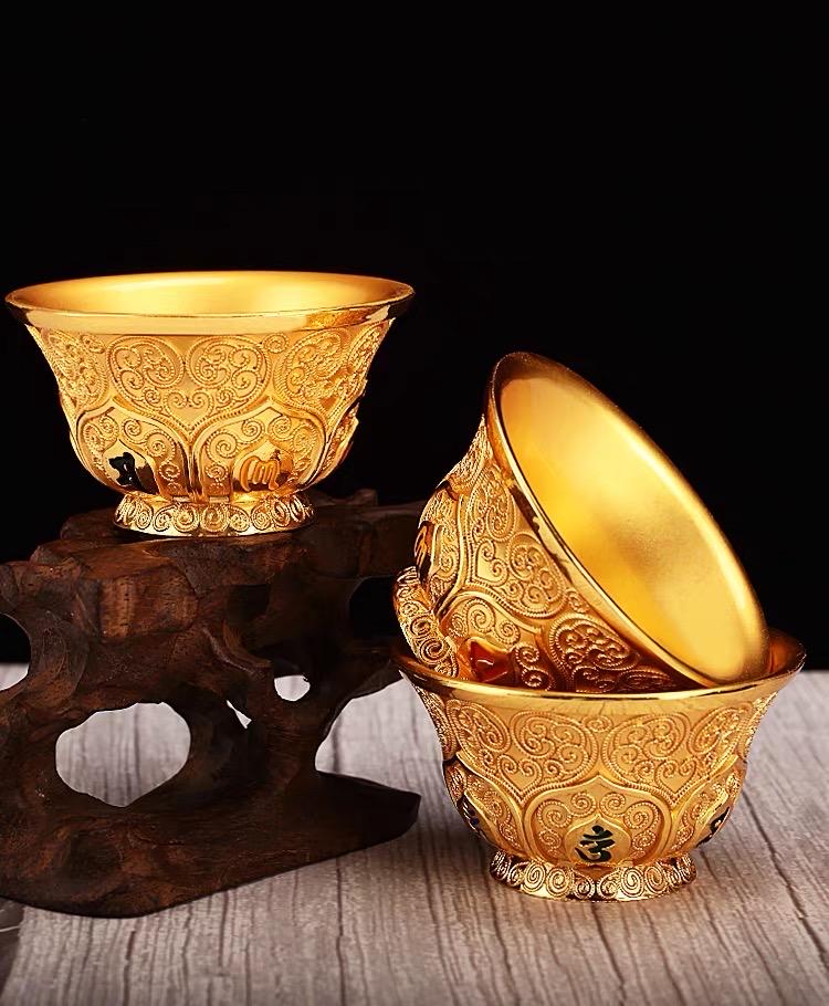 Handcrafted Nepalese Gilded Brass Offering Bowl Tibetan Buddhist Water Cup for Altar Rituals