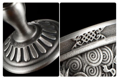 Tibetan Pewter Offering Bowl with 8 Auspicious Symbols, Buddhist Altar Ritual Cup, Footed Holy Water Chalice, Spiritual Meditation Decor