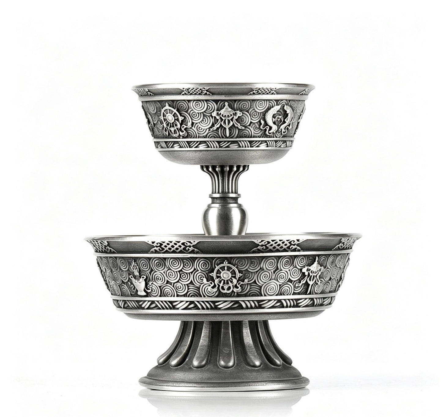Tibetan Pewter Offering Bowl with 8 Auspicious Symbols, Buddhist Altar Ritual Cup, Footed Holy Water Chalice, Spiritual Meditation Decor