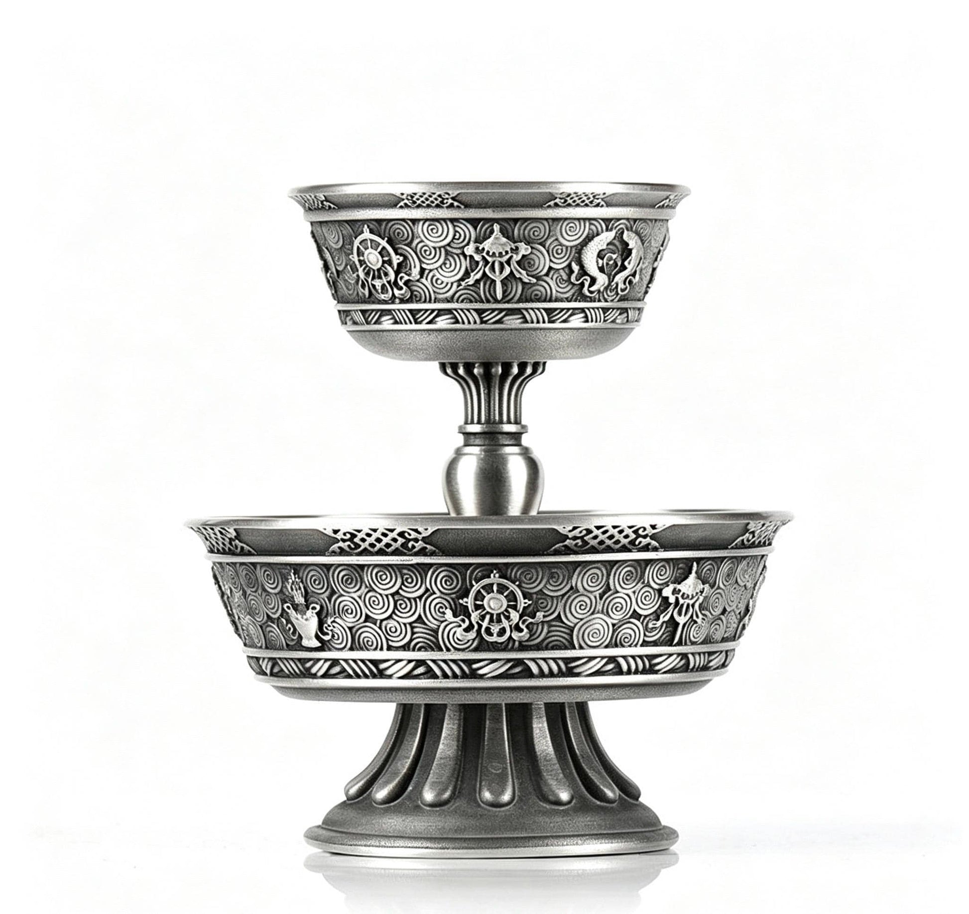 Tibetan Pewter Offering Bowl with 8 Auspicious Symbols, Buddhist Altar Ritual Cup, Footed Holy Water Chalice, Spiritual Meditation Decor