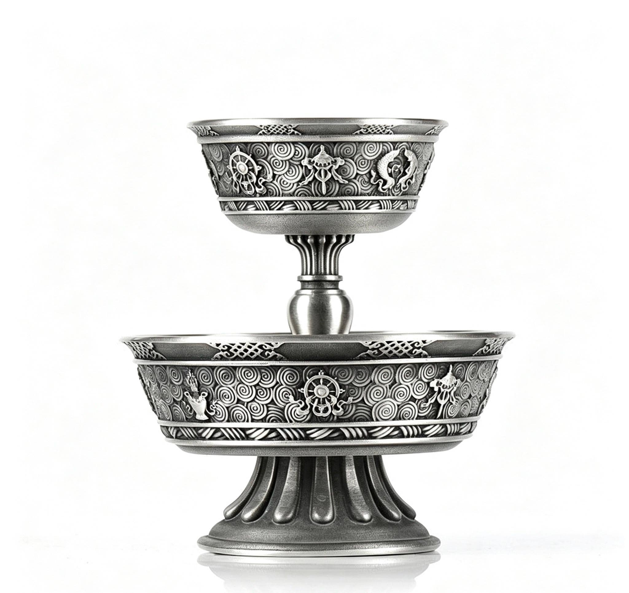 Tibetan Pewter Offering Bowl with 8 Auspicious Symbols, Buddhist Altar Ritual Cup, Footed Holy Water Chalice, Spiritual Meditation Decor