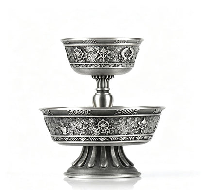 Tibetan Pewter Offering Bowl with 8 Auspicious Symbols, Buddhist Altar Ritual Cup, Footed Holy Water Chalice, Spiritual Meditation Decor